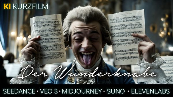 Porträt vom jungen Mozart am Klavier – Titel „Der Wunderknabe“, KI-generierter Kurzfilm über Mozarts ungezähmtes Genie.