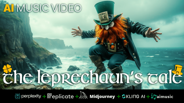Leprechaun Finnegan O'Malley steht mit grünem Hut und großem Bart vor seinem leuchtenden Goldtopf im mystischen, nebligen irischen Wald neben dem Pilzhaus.