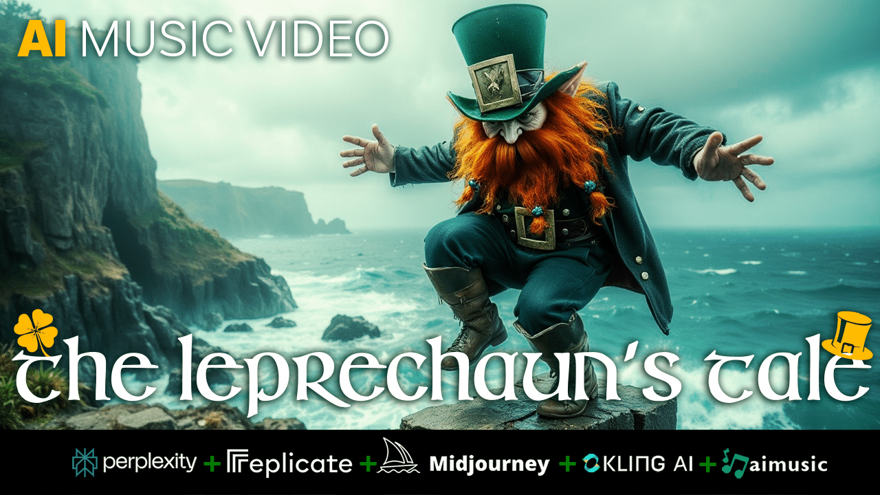Leprechaun Finnegan O'Malley steht mit grünem Hut und großem Bart vor seinem leuchtenden Goldtopf im mystischen, nebligen irischen Wald neben dem Pilzhaus.